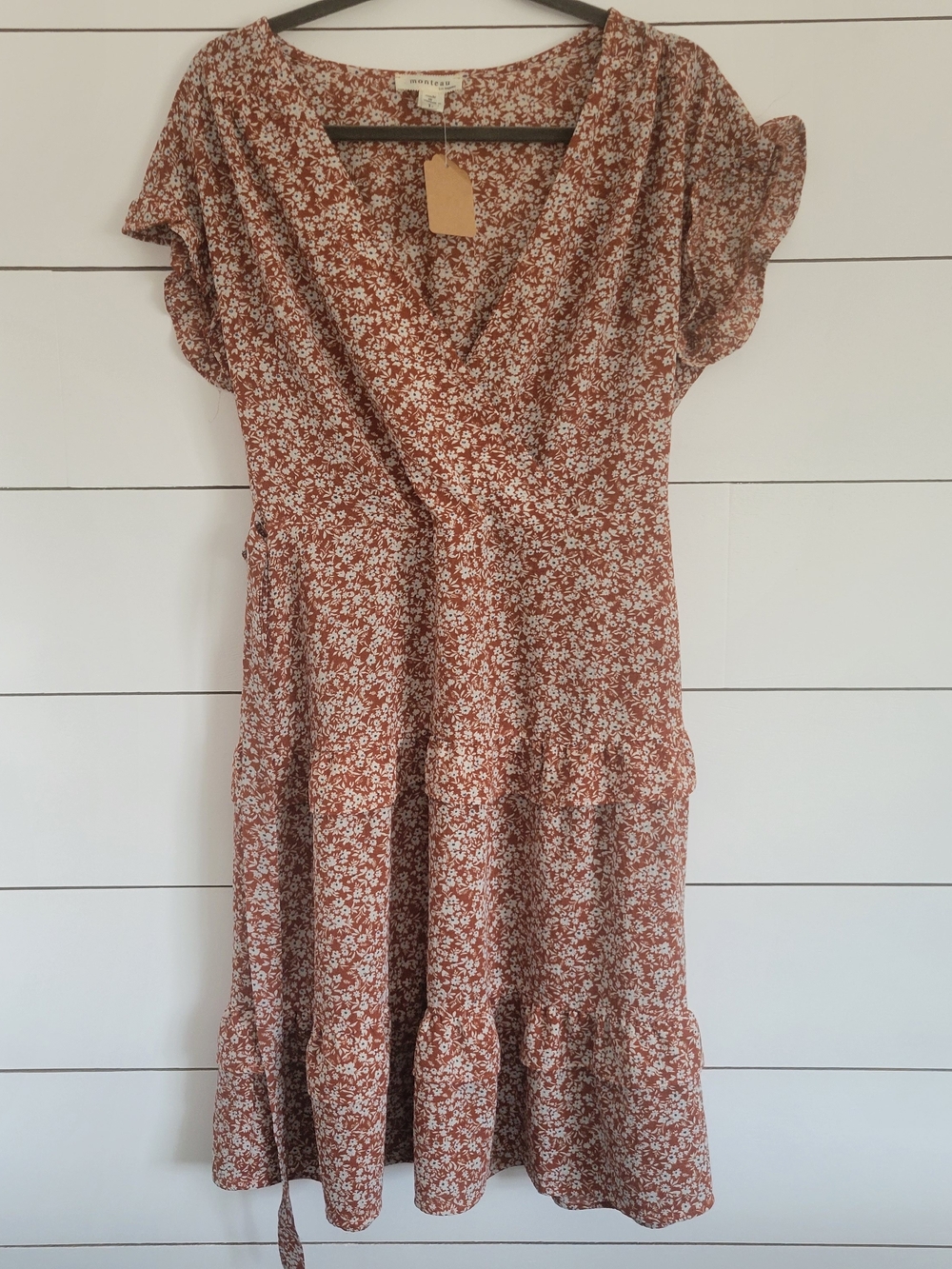 Monteau Rust Floral Wrap Midi Dress Large